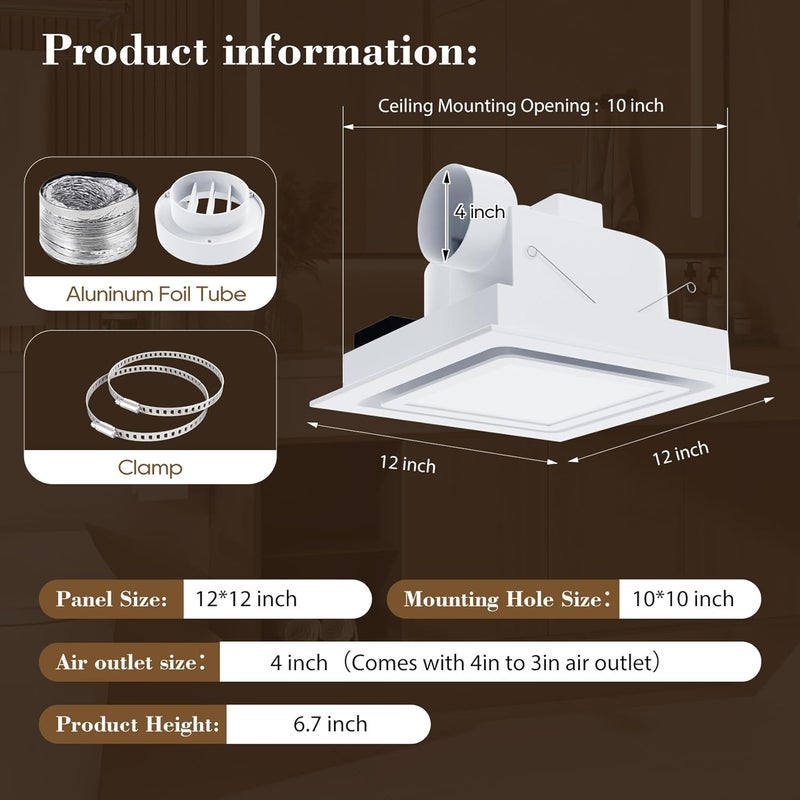 Gopher 12" Ultra Quiet Bathroom Exhaust Fan with 3000-6500 K LED Light, 1.0 Sone 141 CFM, 10x10 Mount, 1500 LM Ceiling Ventilation Fan, Energy Efficient - Image 4